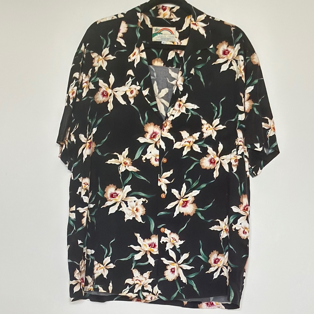 Paradise Found Mens Hawaiian Shirt L Black Floral Rayon Aloha Made In Hawaii